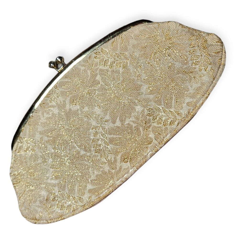 Vintage 1960s Avon Kadin White and Gold Rayon Clutch handbag purse metallic twee